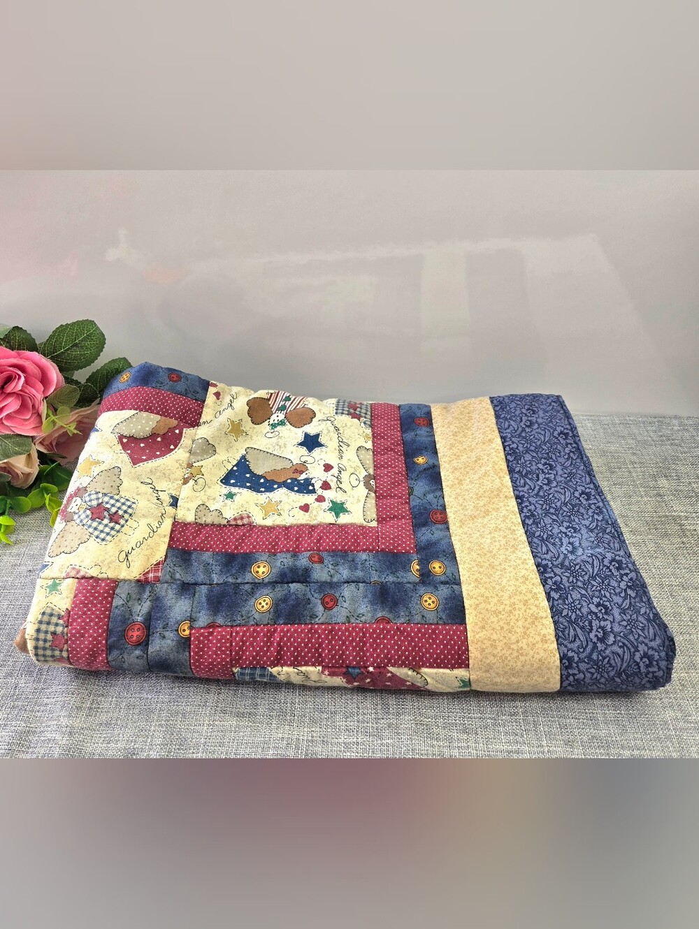 Handmade Guardian Angel Baby Quilt Patchwork Crib Blanket Blue Tan 35'x29'